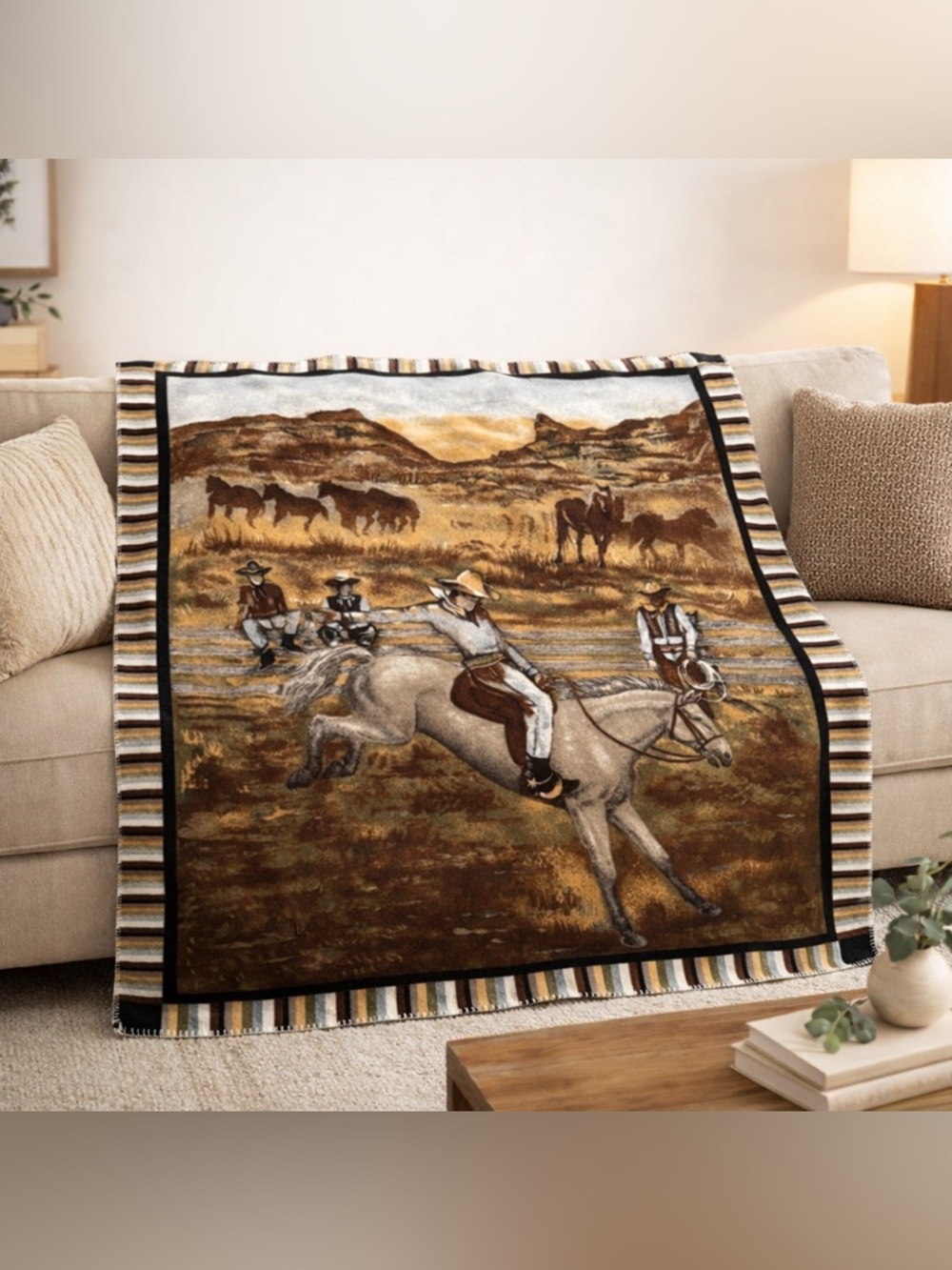Western Cowboy Rodeo Throw Blanket Horse Ranch Southwest Decor